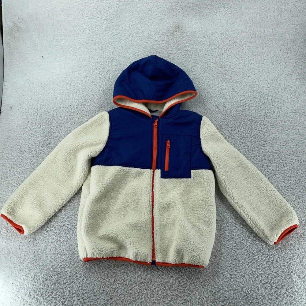 GAP Kids Jacket Youth Medium 8 Blue Cream Sherpa Fleece Hooded Full Zip Pocket